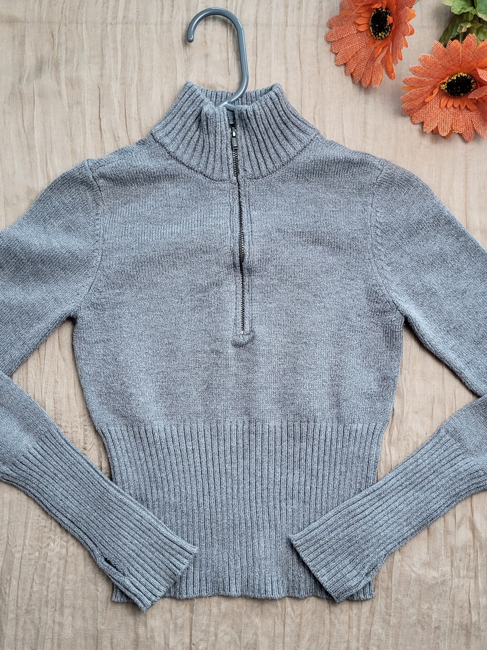 Celebrity Pink Gray Ribbed Mock Neck Half-Zip Sweater